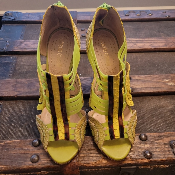 Roberto Cavalli Lime Green python leather Sandals size 37.5 - Picture 6 of 10